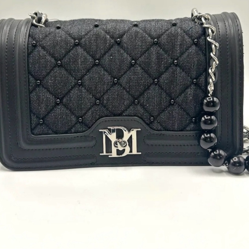 Badgley Mischka Black Quilted Beaded Chain Shoulder Bag